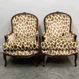 Pair of Louis XV style armchairs in giraffe velvet upholstery, France, 1950s