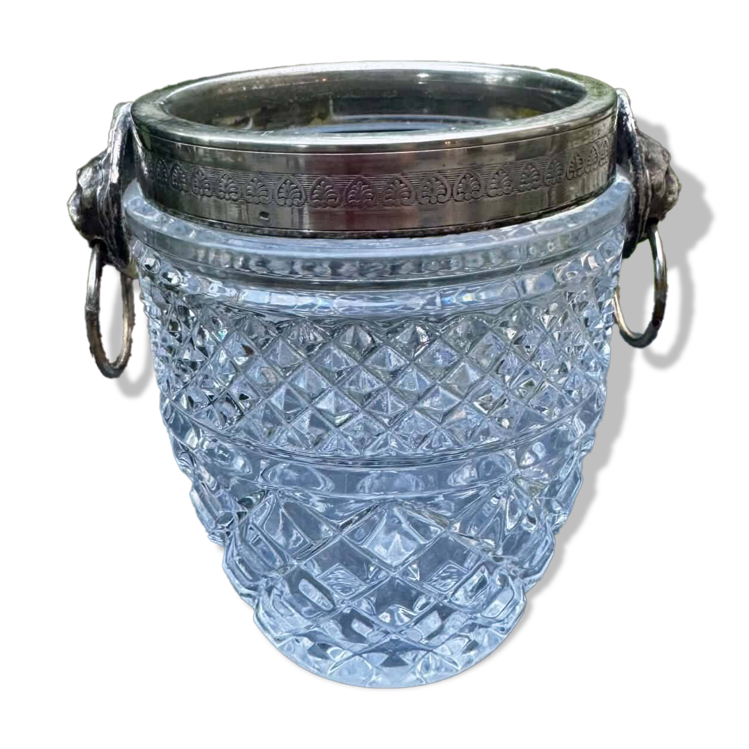 Val Lambert crystal and silver-plated ice bucket with hallmark from the 1950s.