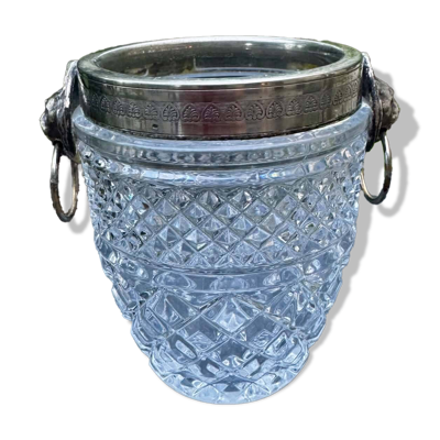Seau à glace Val Saint-Lambert en cristal et métal argenté avec poinçon, années 50