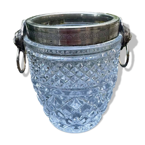 Seau à glace Val Saint-Lambert en cristal et métal argenté avec poinçon, années 50