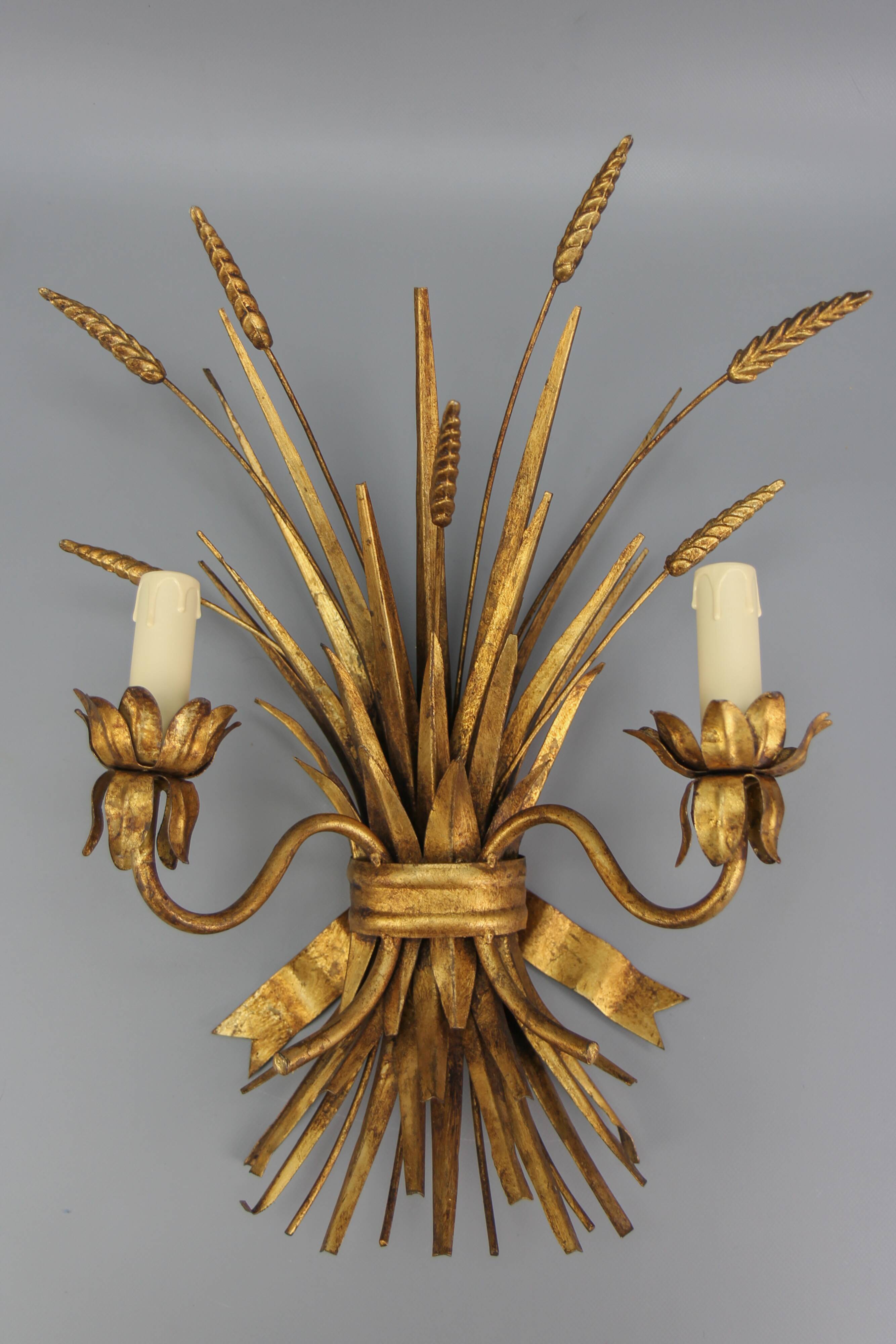 Gilt metal wheat sheaf two-light wall sconce