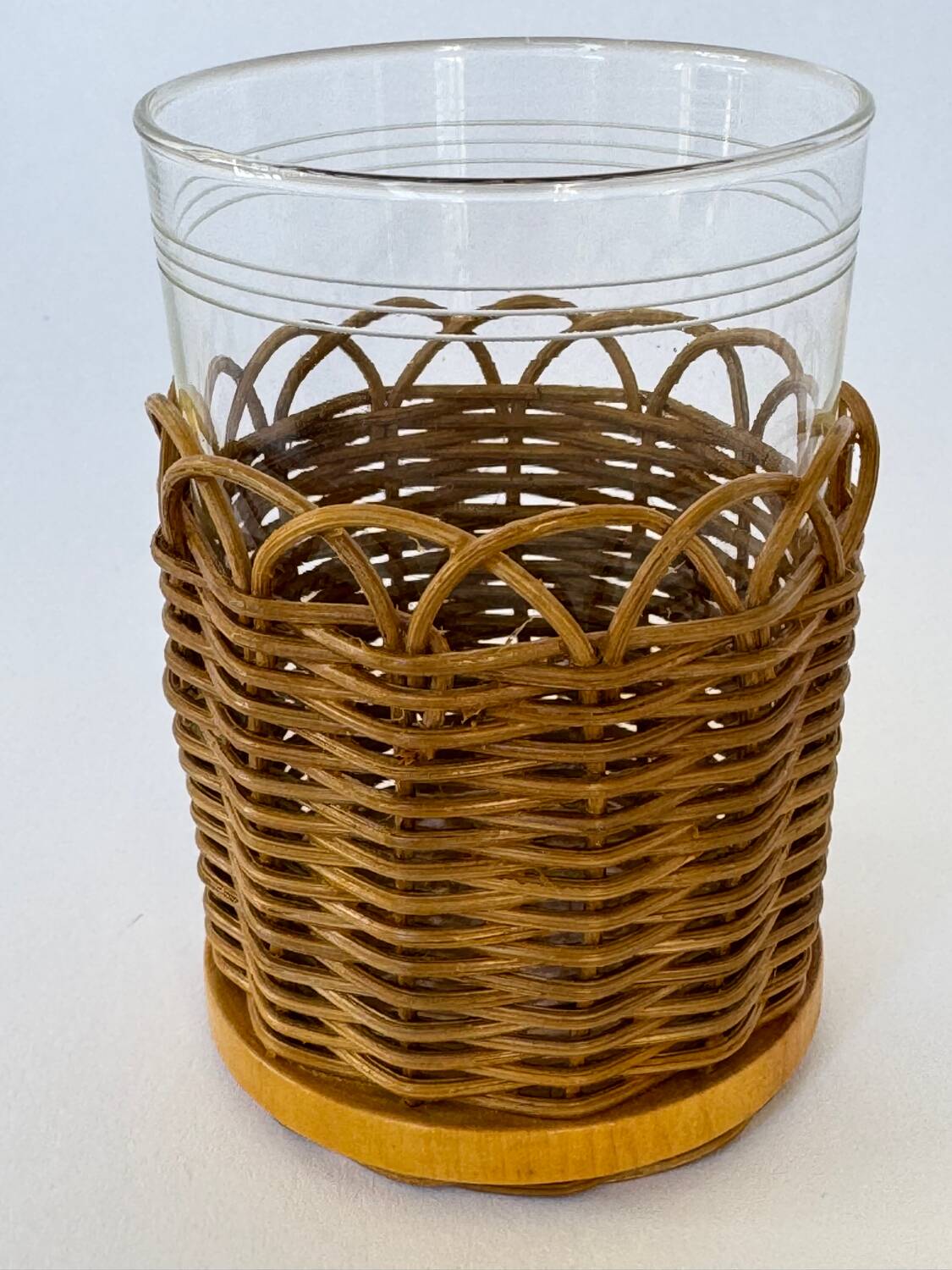 Set of 4 Vintage Set Schott Mainz Clear Glasses With Wicker Cup Holder