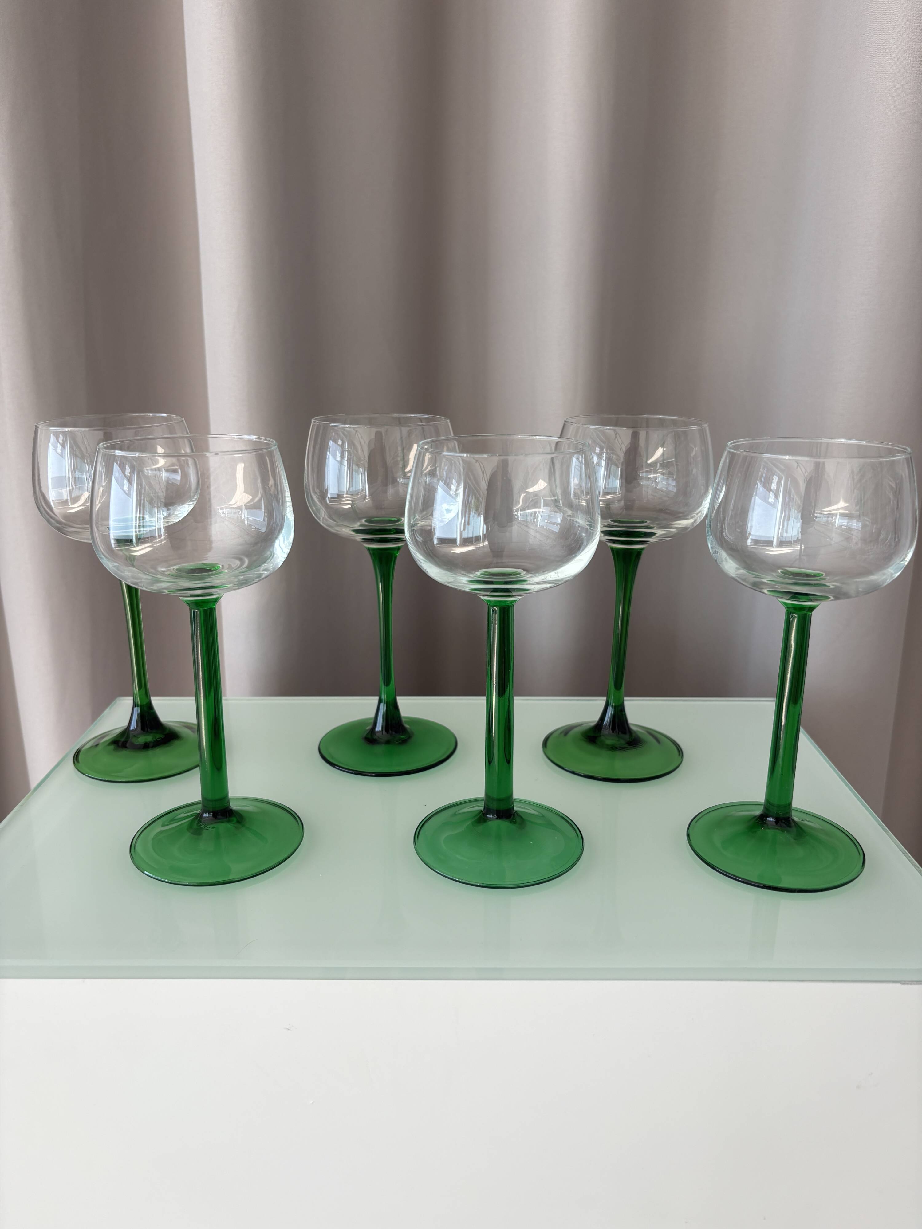 Set of 6 Vintage Luminarc France Green Stem Wine Glasses | French Glassware