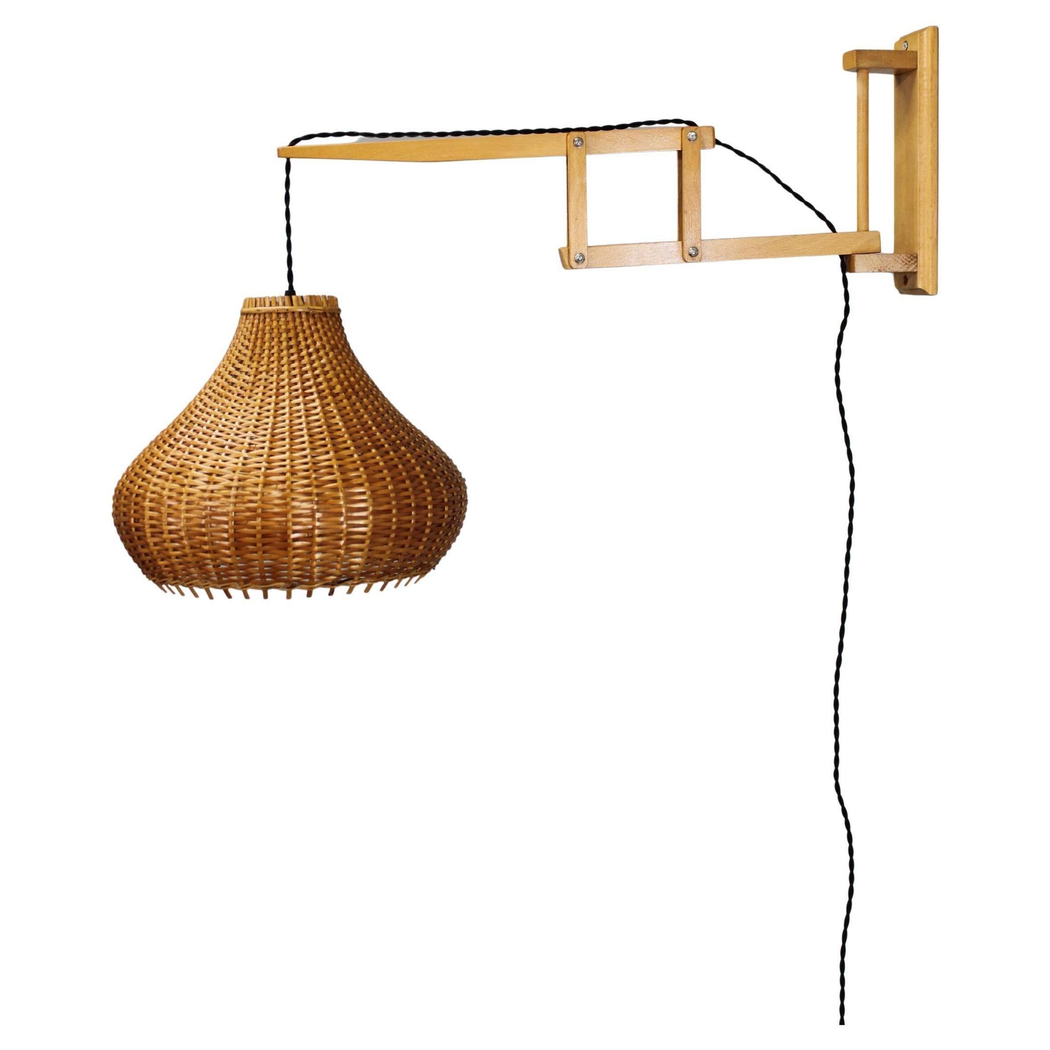 Mid-century adjustable wooden wall lamp with rattan shade, Lipta, 1970s