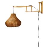 Mid-century adjustable wooden wall lamp with rattan shade, Lipta, 1970s