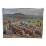 Early 19th Century "Autumn" English Hand Colored Etching of Harvest Scene,
