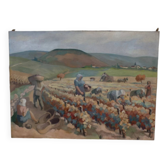 Early 19th Century "Autumn" English Hand Colored Etching of Harvest Scene,