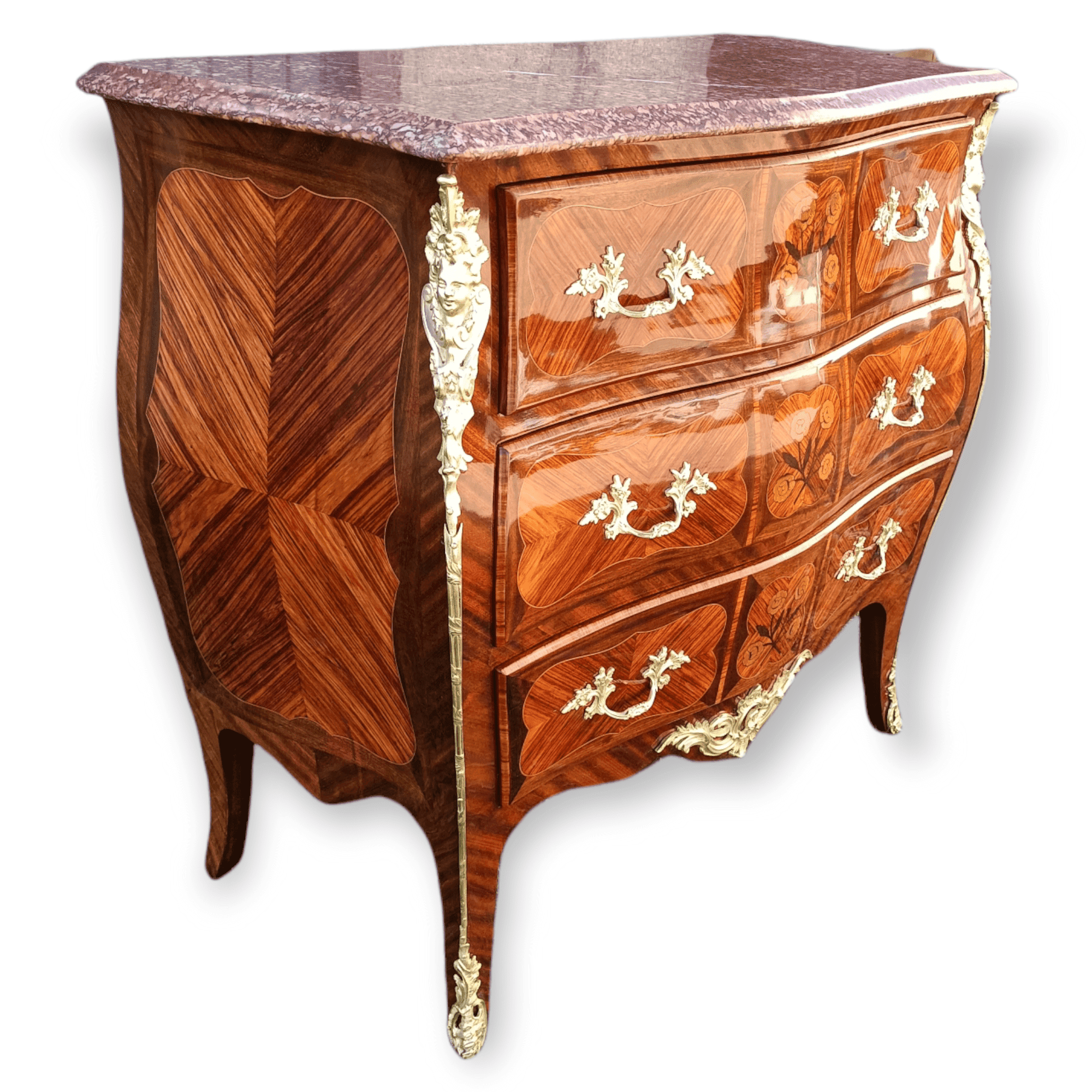 Louis XV jumping chest of drawers curved in precious wood marquetry.