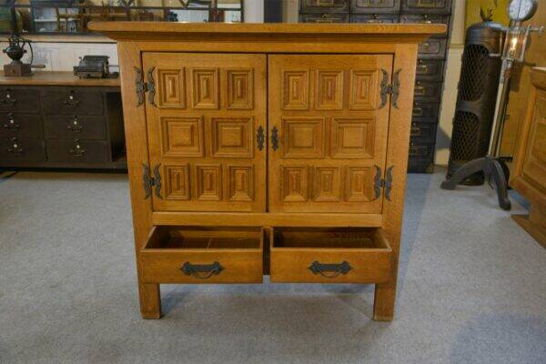 2-door, 2-drawer wardrobe in solid oak and wrought iron, rustic style, 1960s