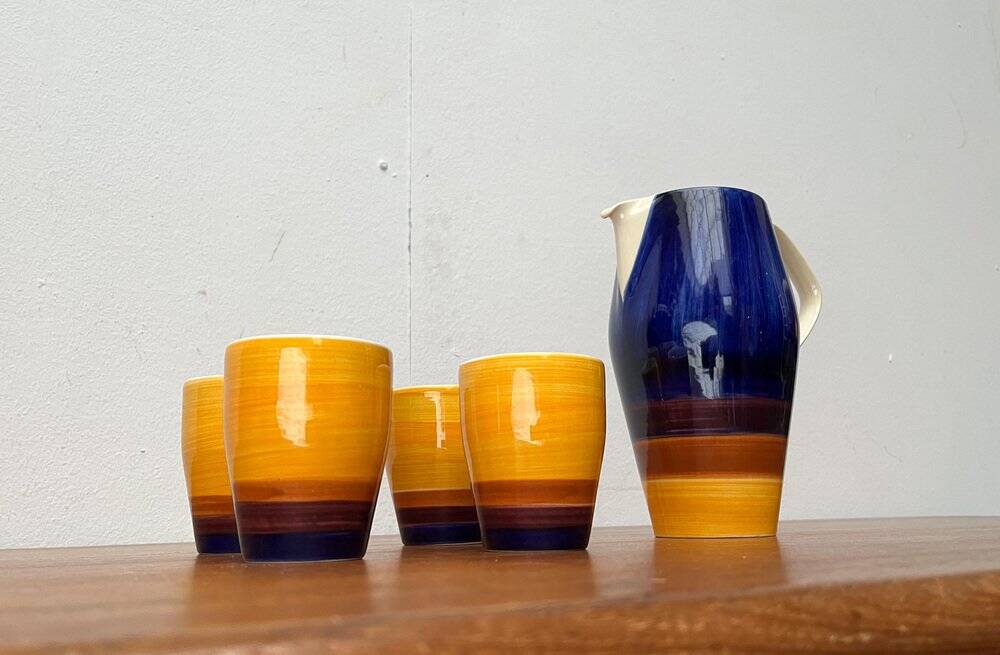 Mid-century hand-painted German décor, ceramic jug 507 with cups from Stützel & Sachs Aalen Keramik, 1960s, set of 5.