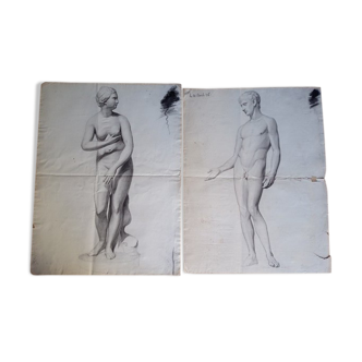 2 charcoal drawings antique statue romanesque art 63/48cm