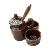 Moutardier avec sel et poivre grès émaillé marron avec motifs floraux