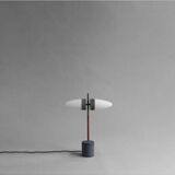 Table lamp in oxidized metal and opaline glass, contemporary work.