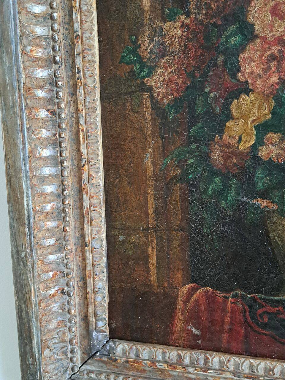 Old table from the 19th century – Floral still life, oil on canvas.