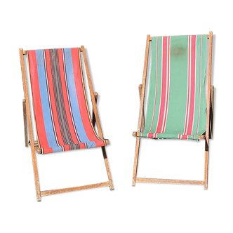 2 anciens transats bayadère vert & rouge