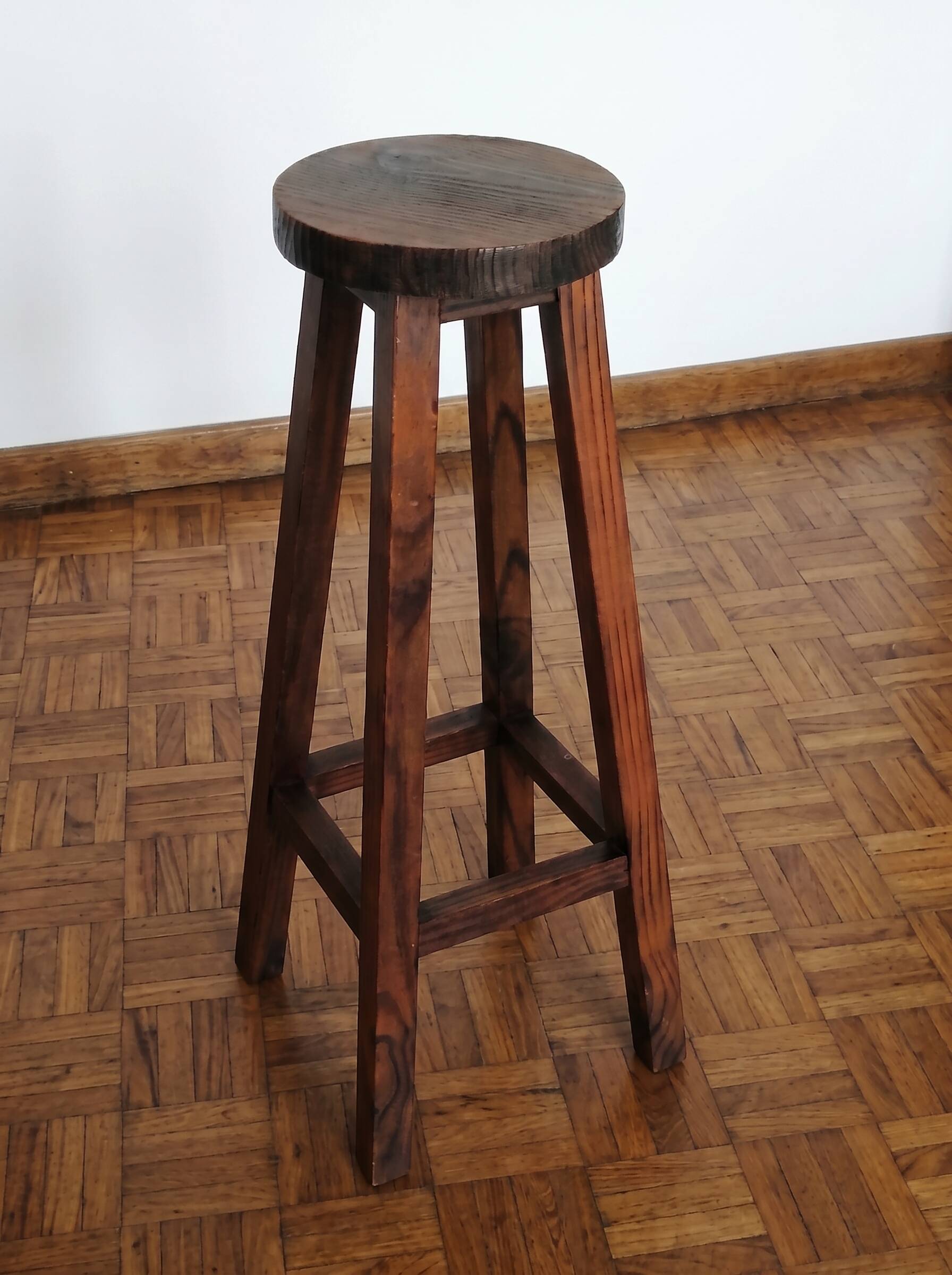 Handcrafted Vintage High Stool Solid Wood Hand-Carved