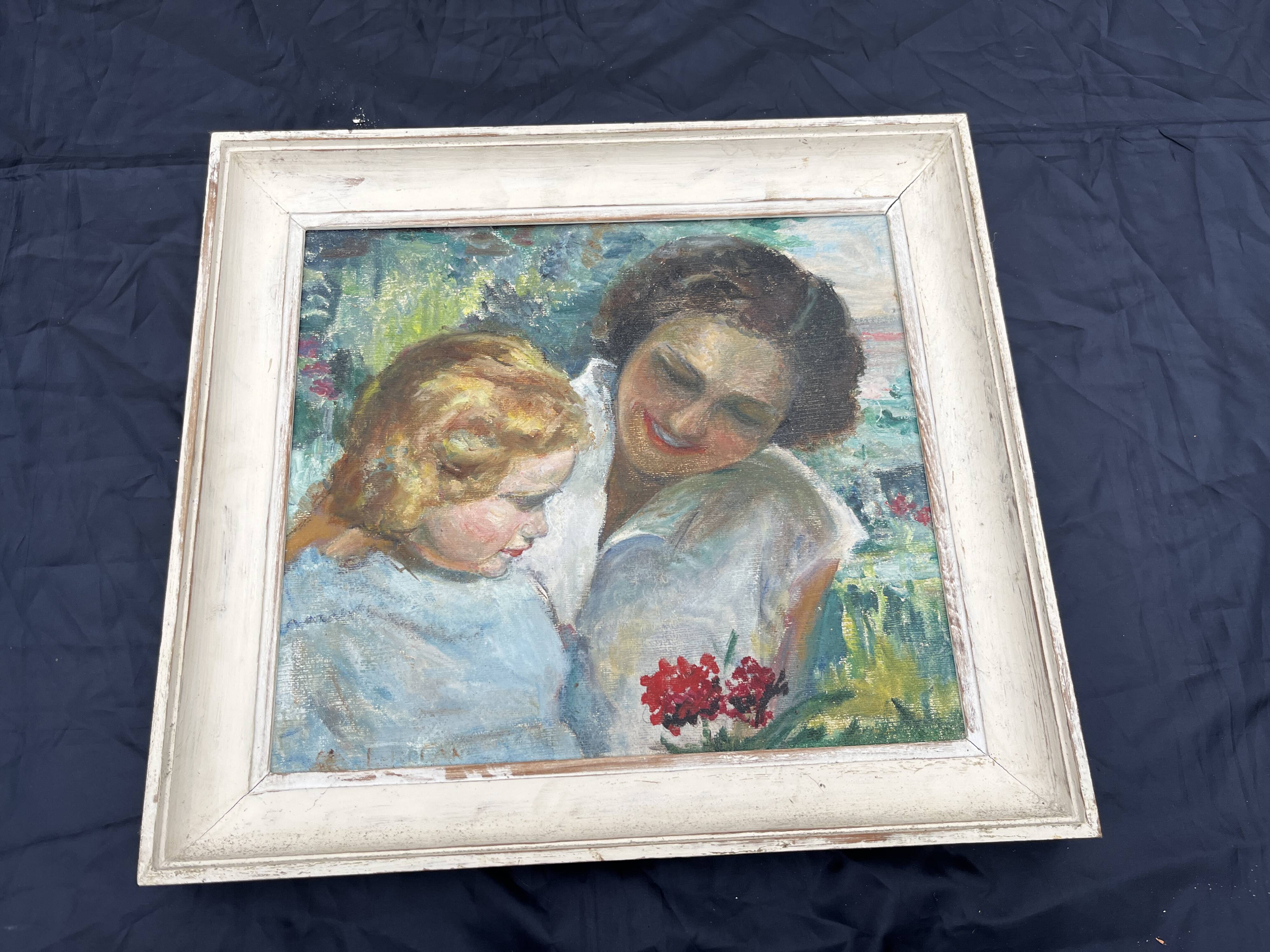 Antique painting, mother and child, impressionist style, early 20th century