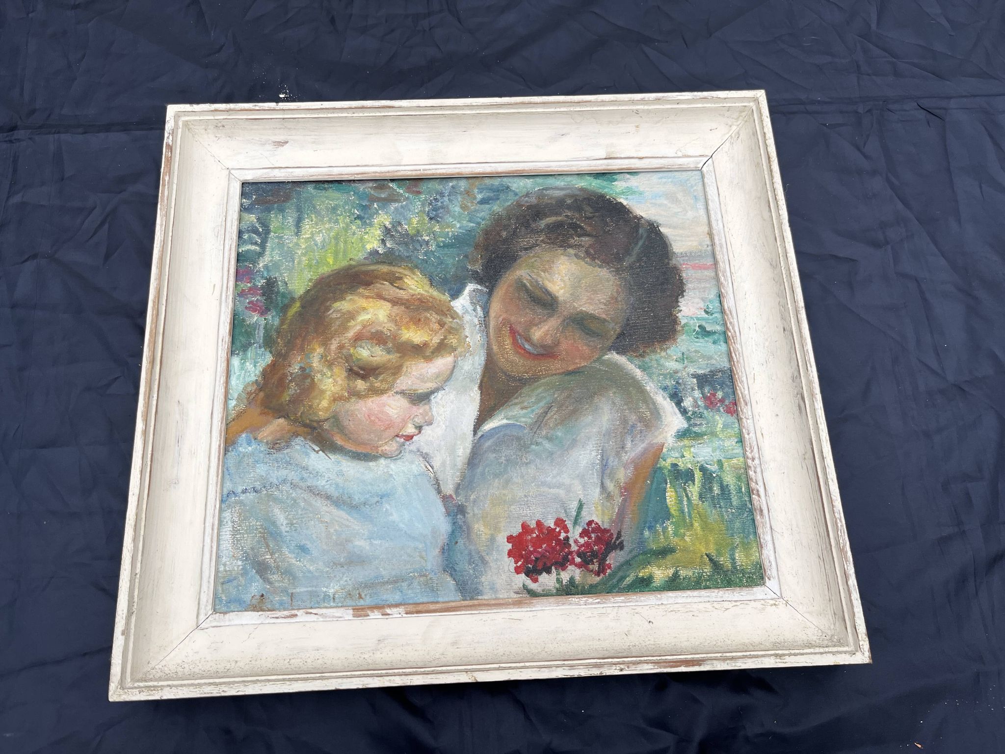 Tableau ancien, mère et enfant, style impressionniste début XXe