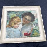 Antique painting, mother and child, impressionist style, early 20th century