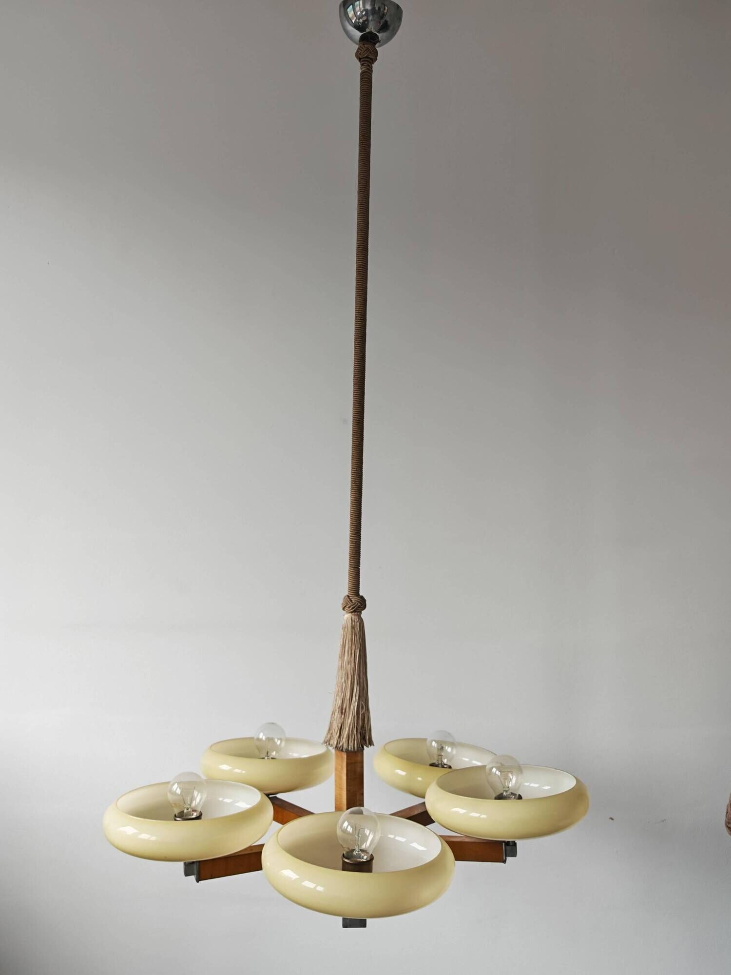 Art Deco Chandelier with 5 Arms and Round Shades from the 1930s