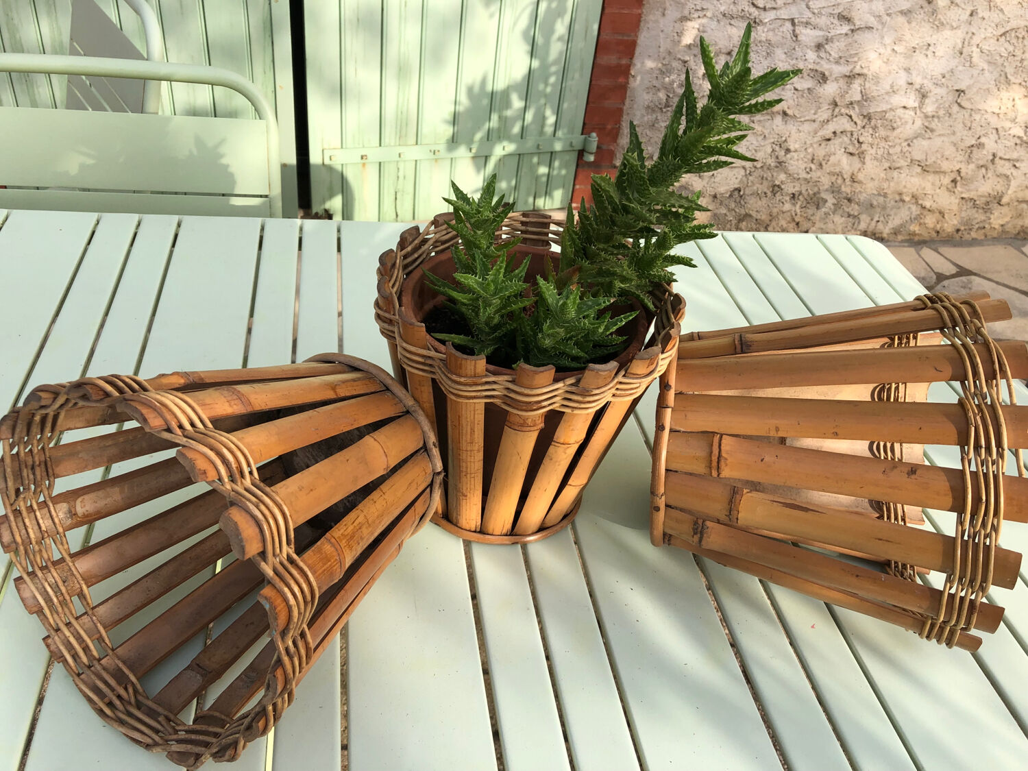 Three vintage bamboo planters