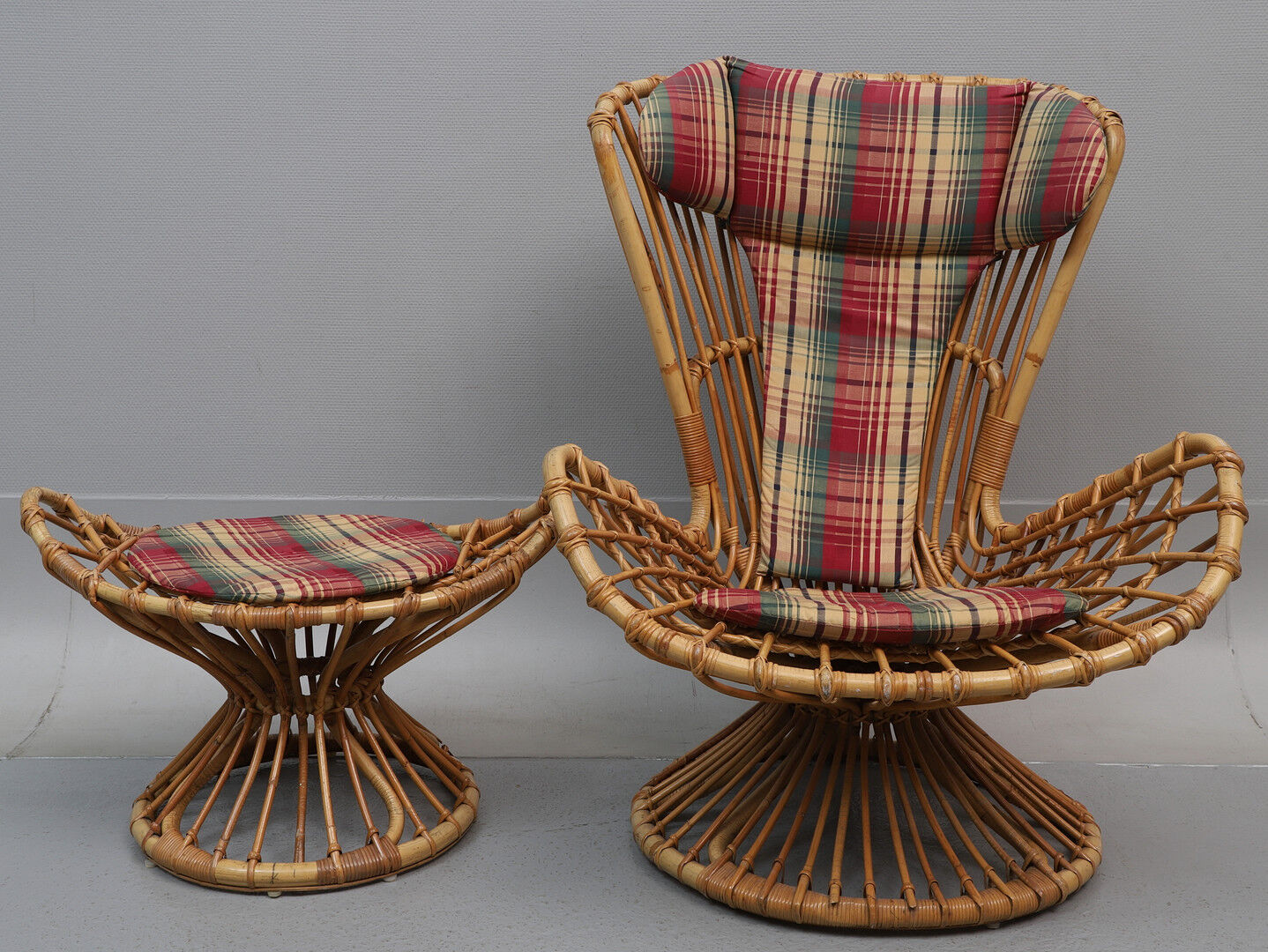 Armchair With bamboo stool covered with a cushion in suede fabrics from 1960s