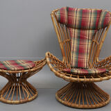 Armchair With bamboo stool covered with a cushion in suede fabrics from 1960s