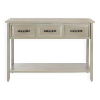 Rustic Ash Grey 3-Drawer Console Table with Storage Shelf in Solid Elm Wood