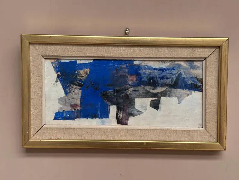 Original Swedish Oil on Panel – "Blue Composition" by Gunnar Nordström – Signed – Vintage and Framed – 24.5 × 18.5 cm (9.6 in × 7.3 in)