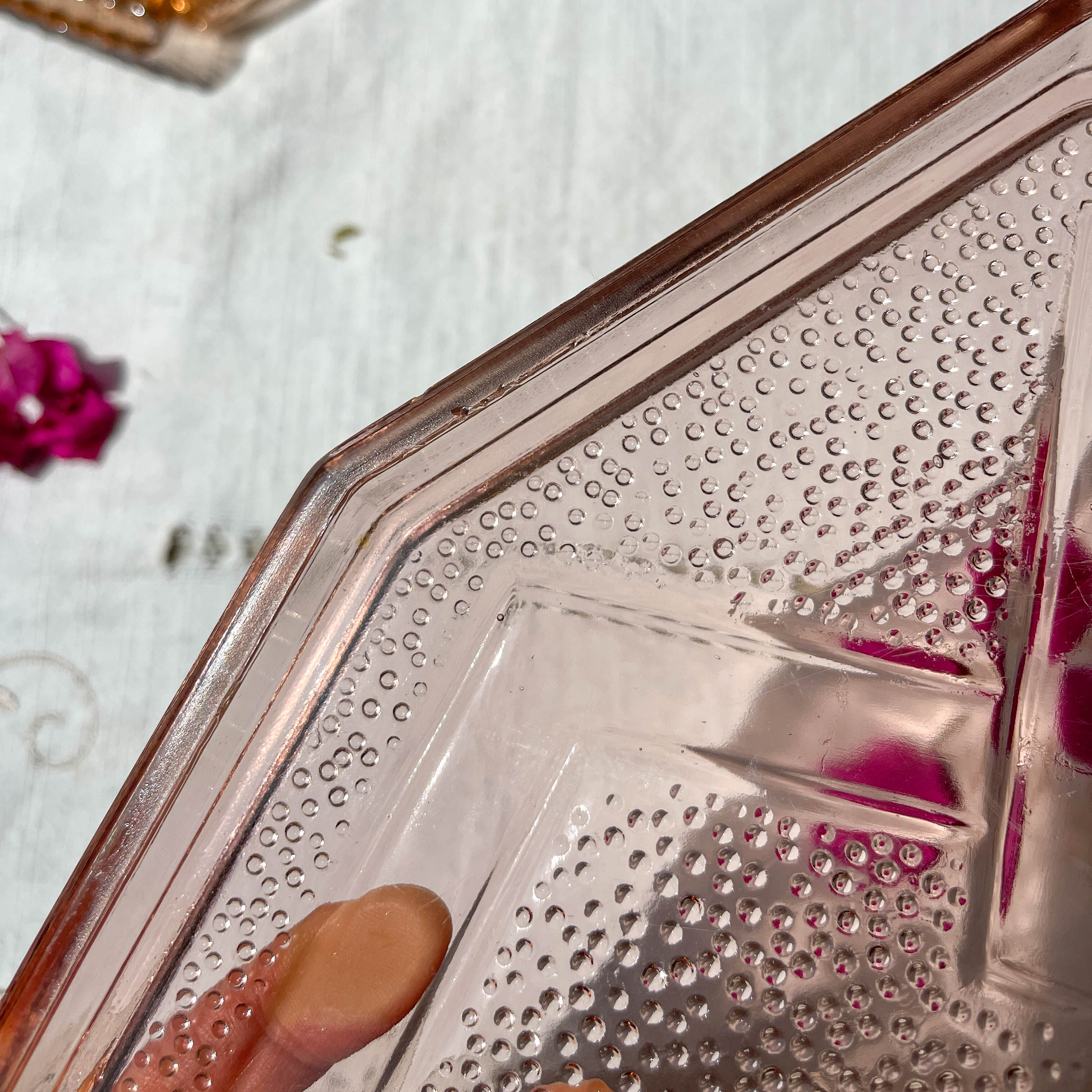 Small art deco pink glass serving trays