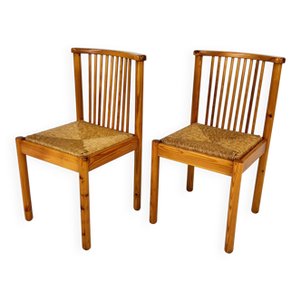 Set of 2 Scandinavian Pine and Rush Dining Chairs, 1970s