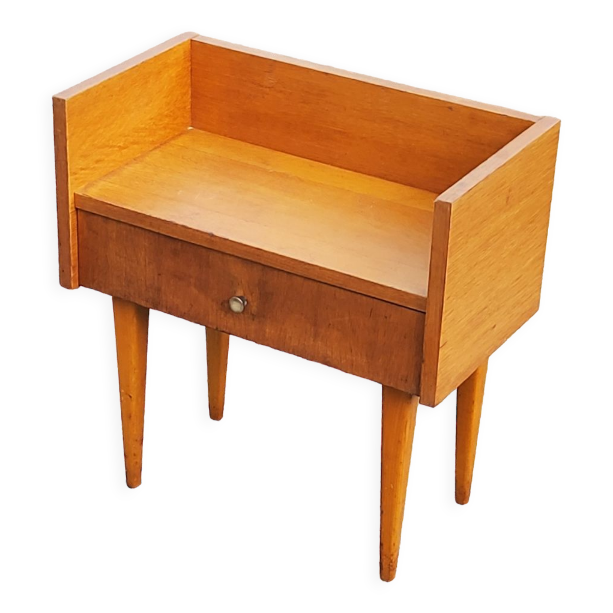 Vintage bedside table of the 50s in blond oak bobbin feet