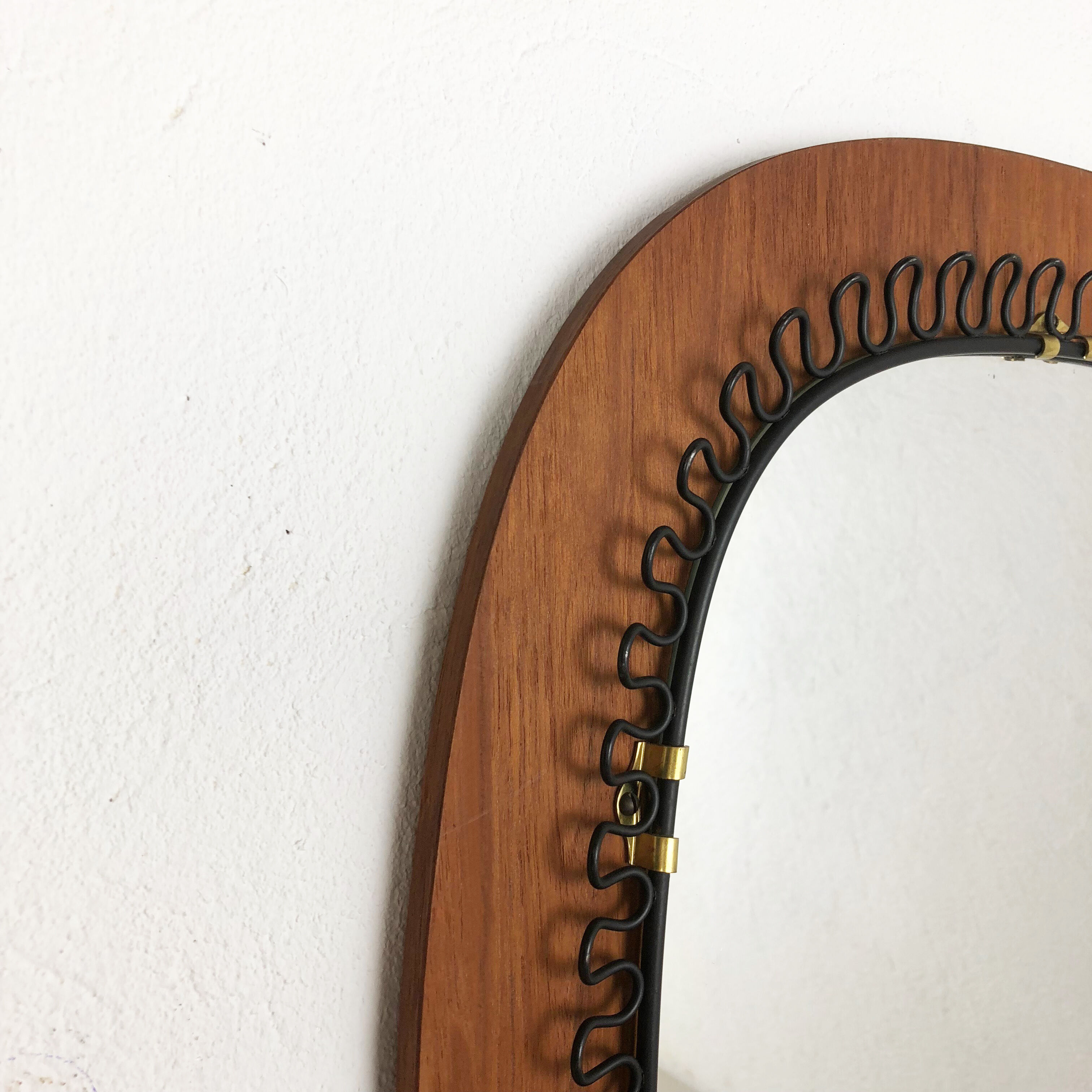 1960 s Scandinavian metal + teak mirror 54cm designed by Josef Frank for Svenskt Tenn, made in Sweden. midcentury modern. Danish modern