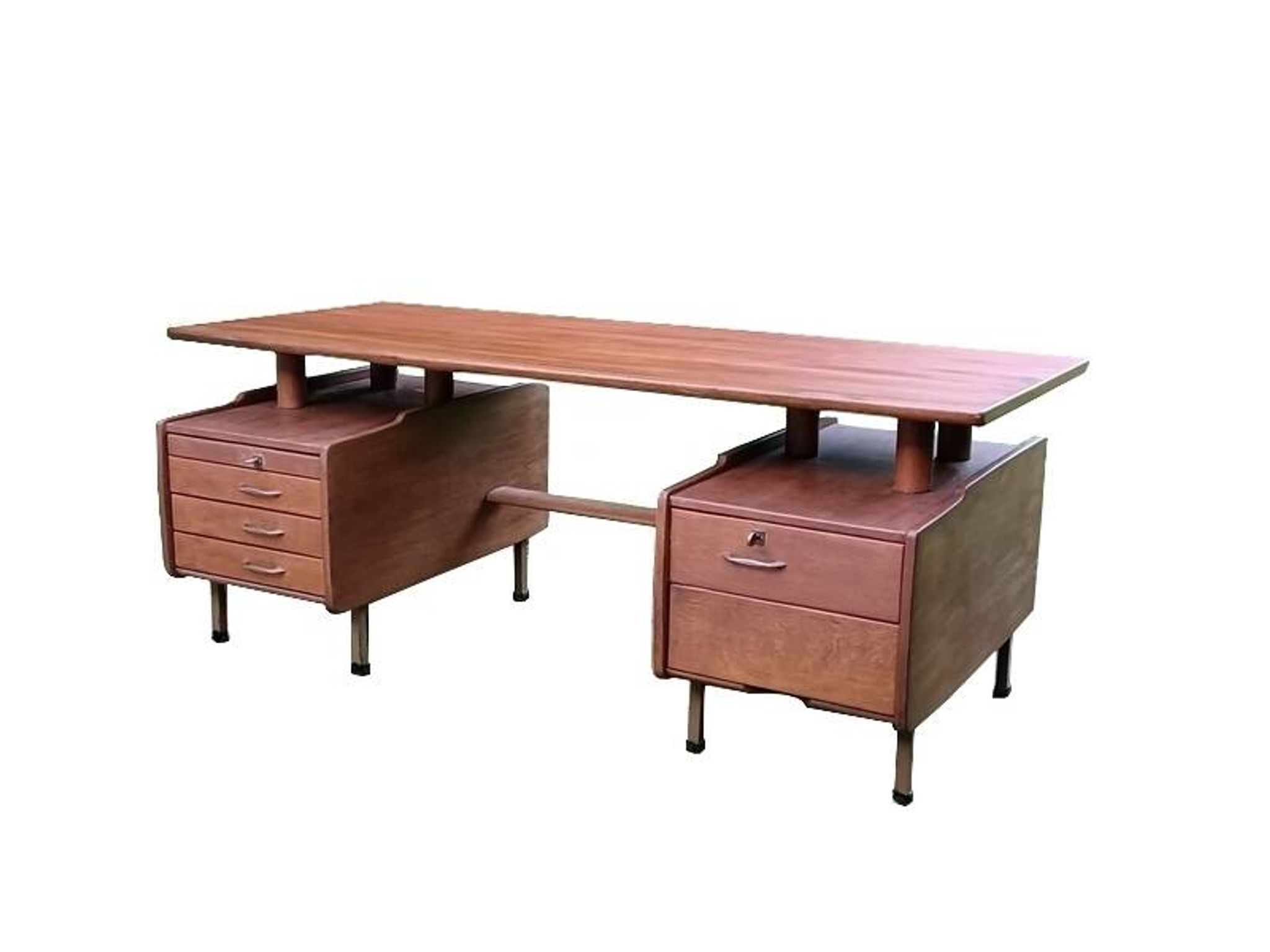 Vintage 1950s teak desk by designer Jacques Hauville.