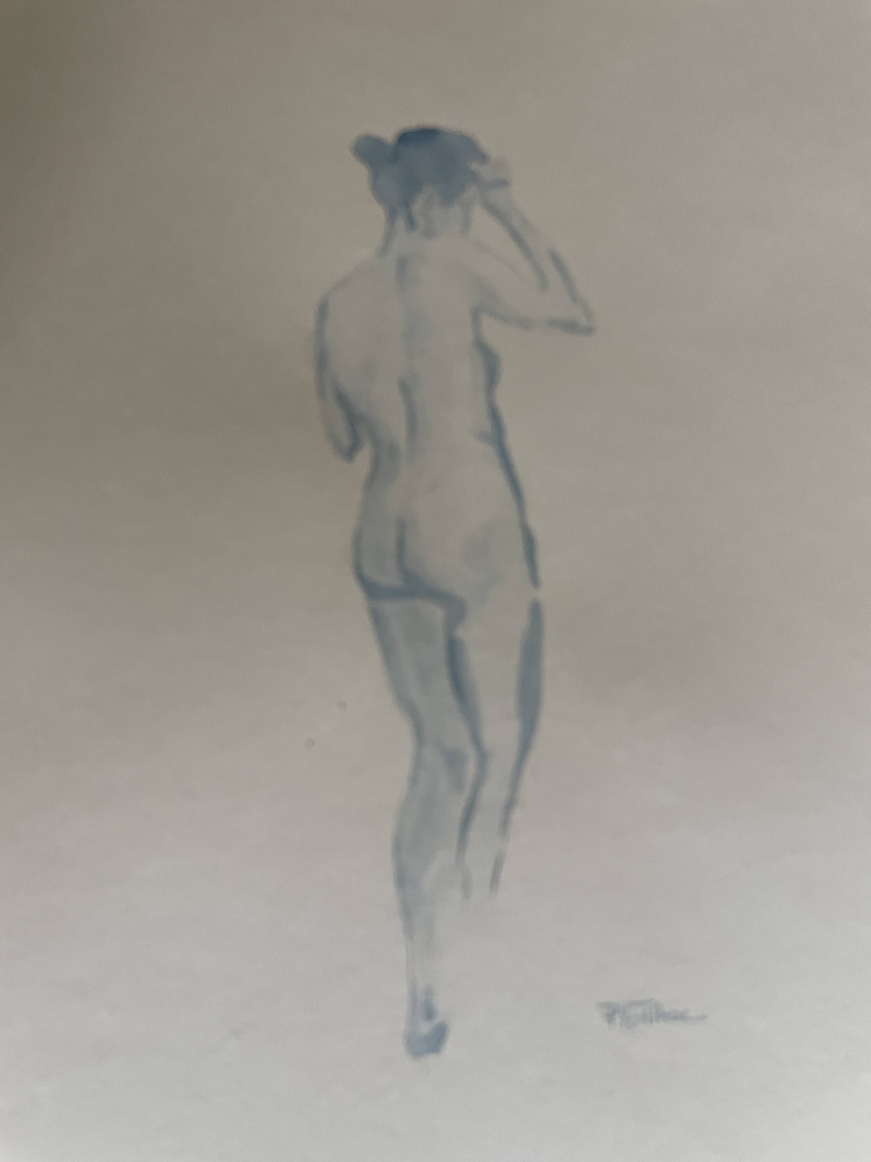 Blue watercolor painting signed female nude