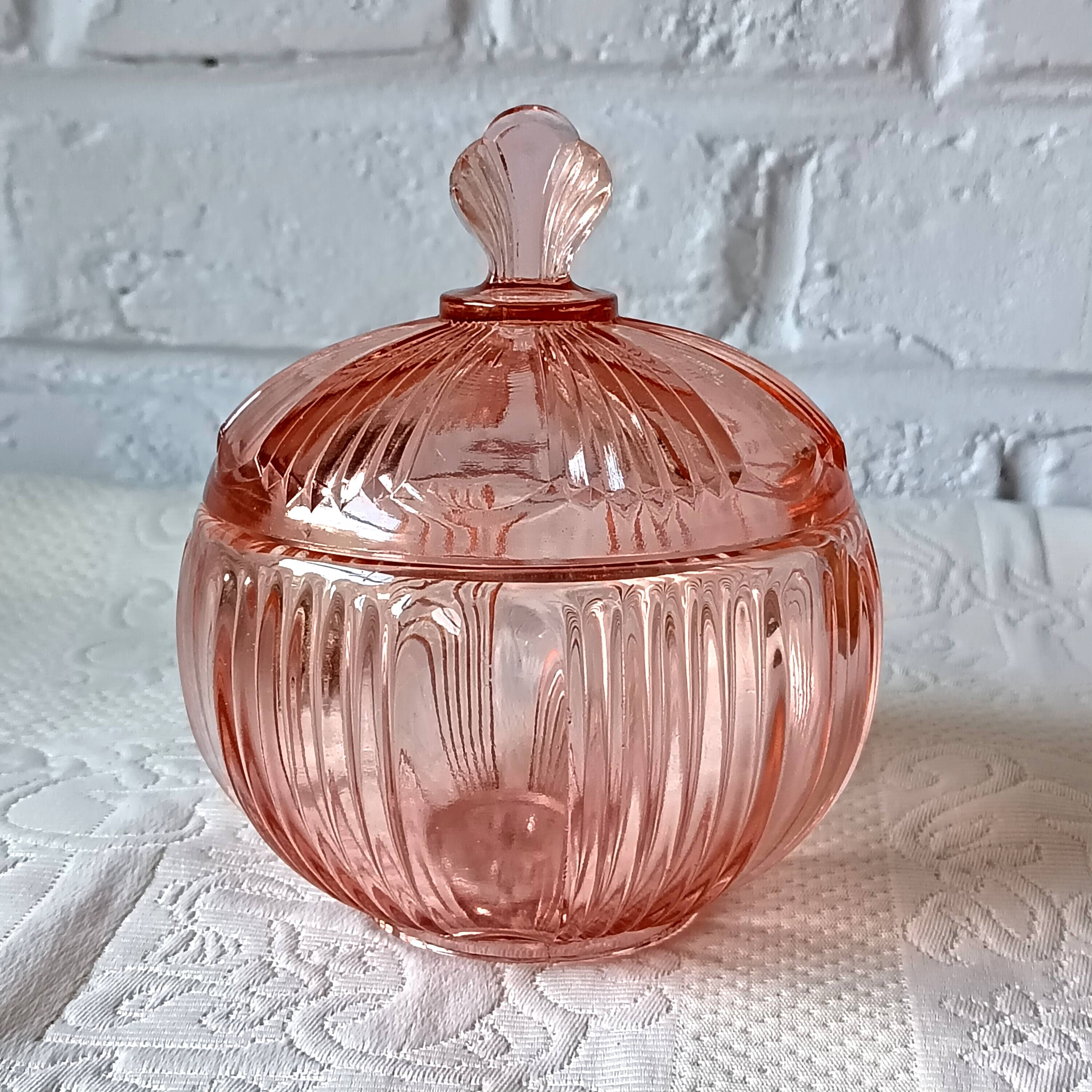 Bonbonnière en verre coloré rose, sucrier, boite à bijoux