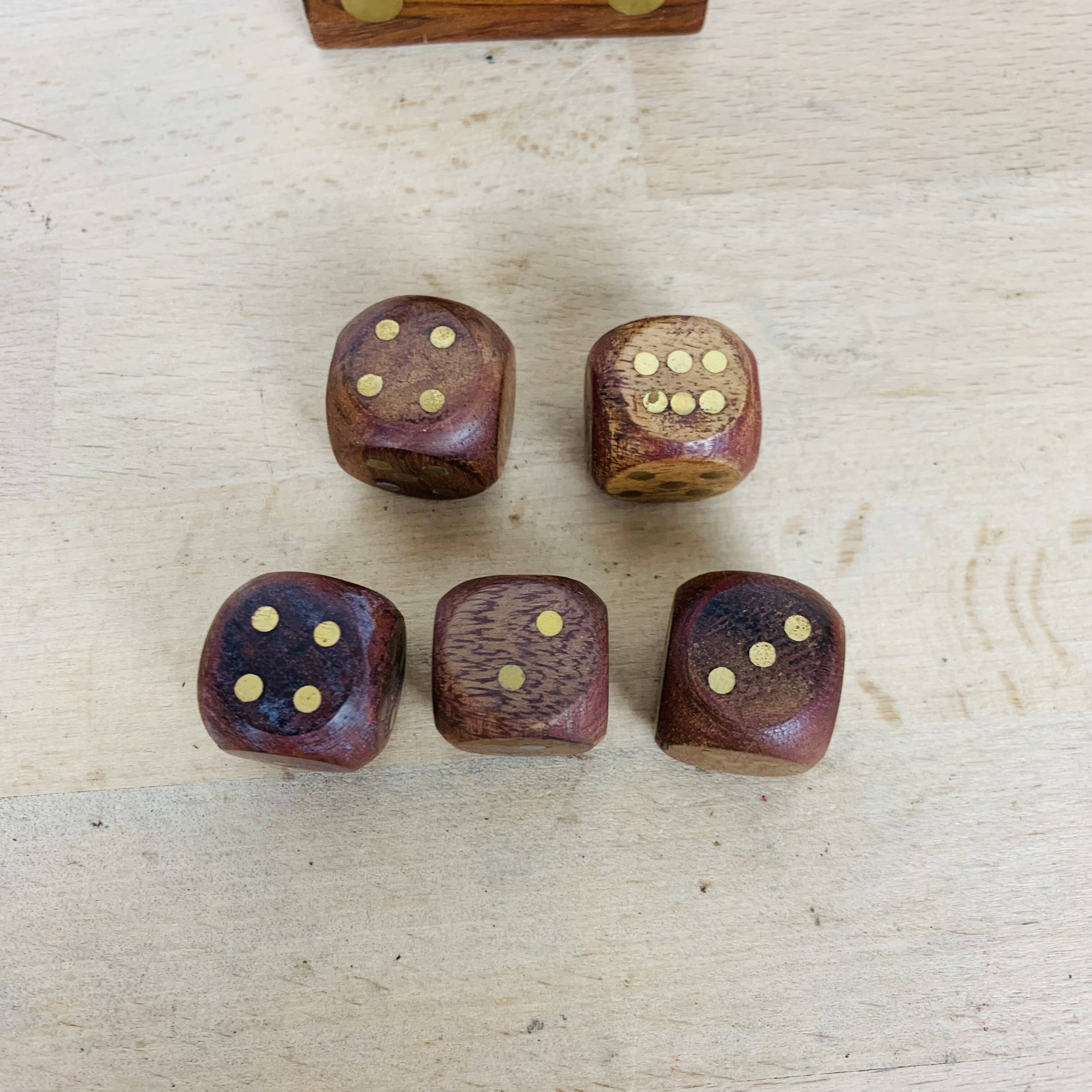 Box with 5 teak and brass dice, vintage