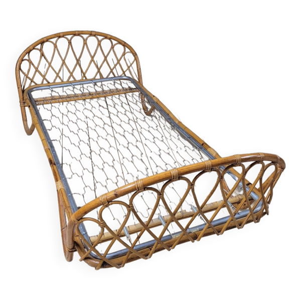 Lit banquette corbeille en rotin vintage- 1950s
