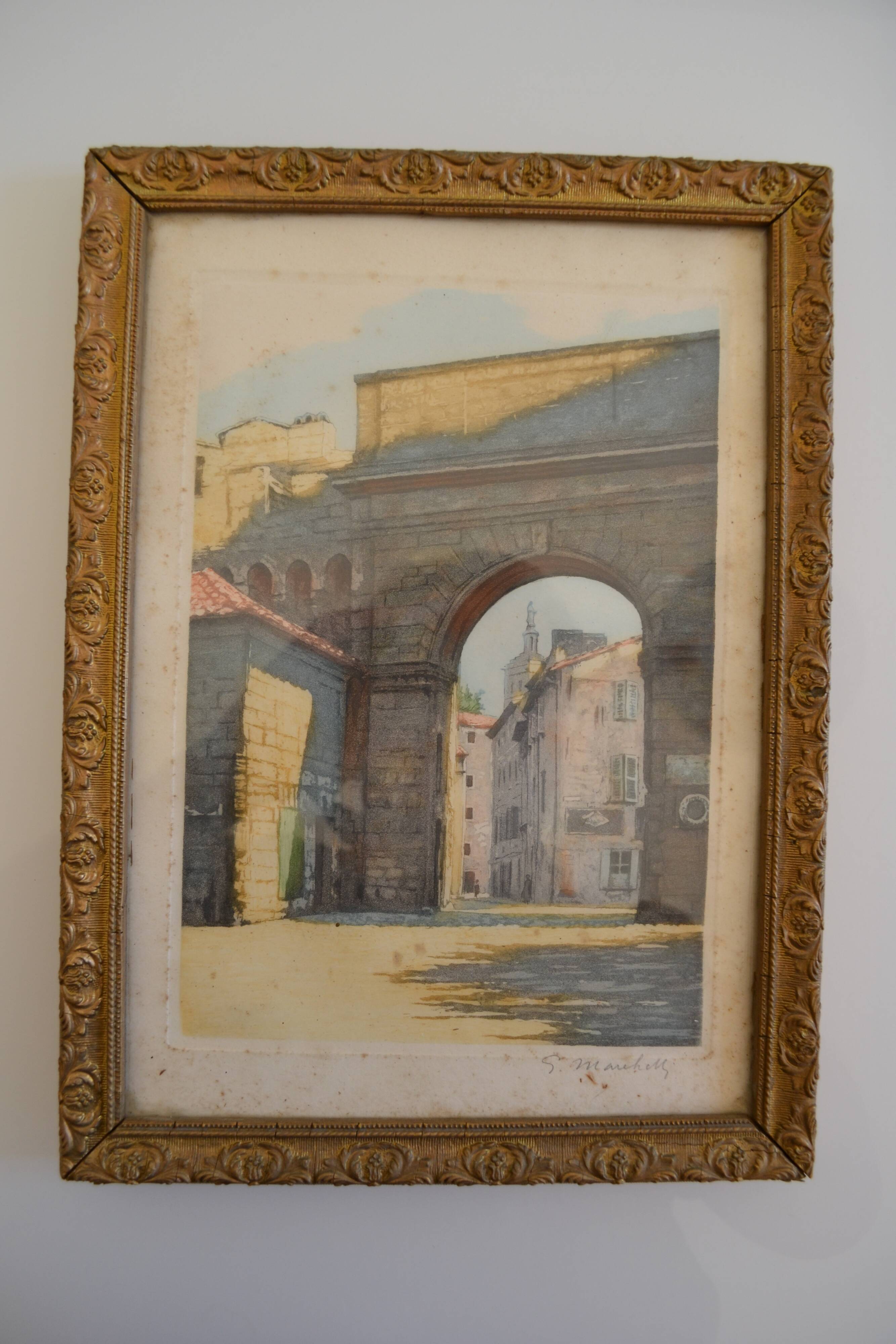 The Rhône Gate in Avignon around 1900, aquatint engraving signed.