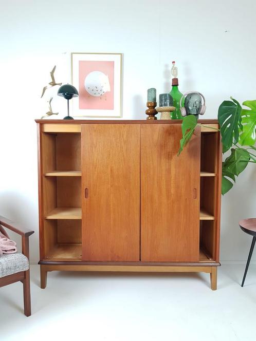 Sideboard high Danish teak veneer vintage sliding doors