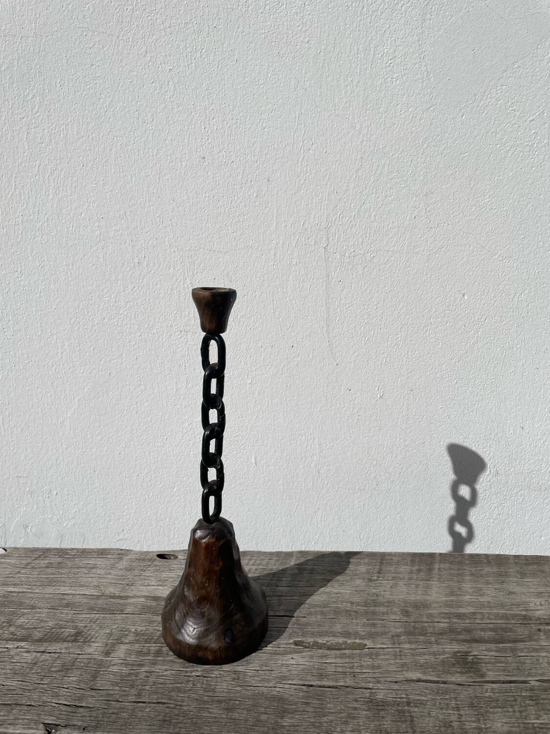 Brutalist wood and metal chain candle holder