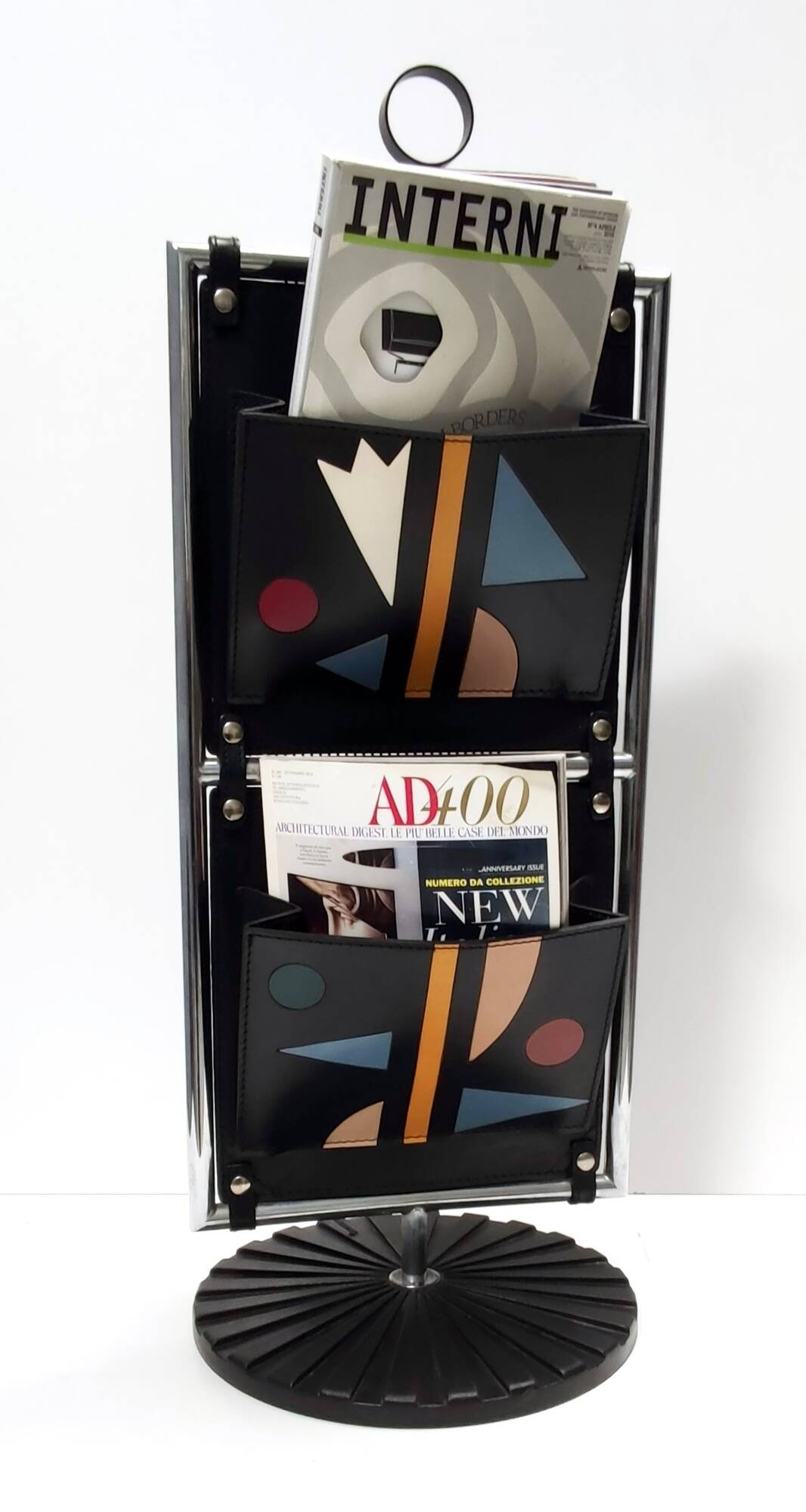 Black Leather and Chrome-Plated Metal Magazine Rack by Salmistraro, Italy
