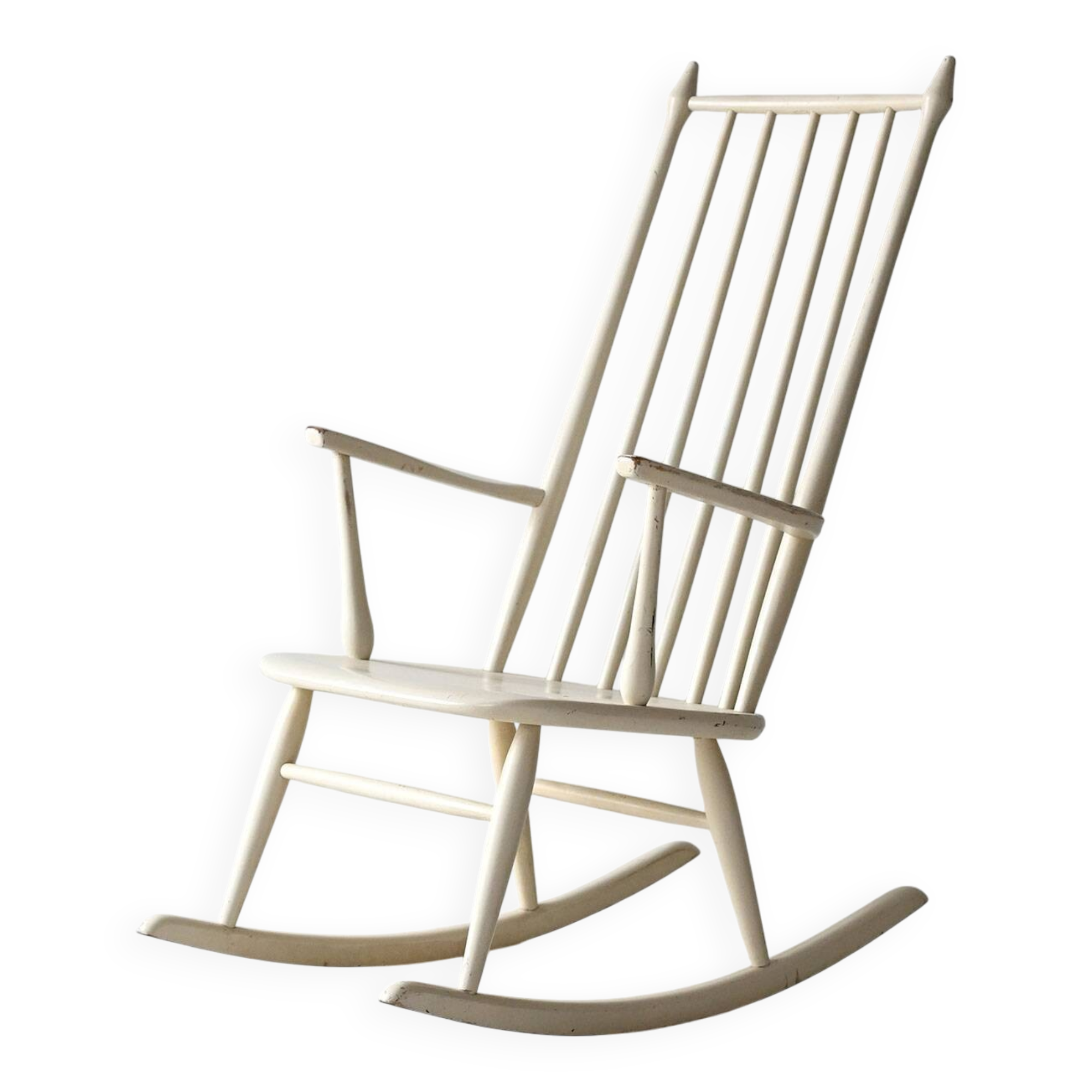 Fauteuil à bascule scandinave vintage en bois laqué blanc
