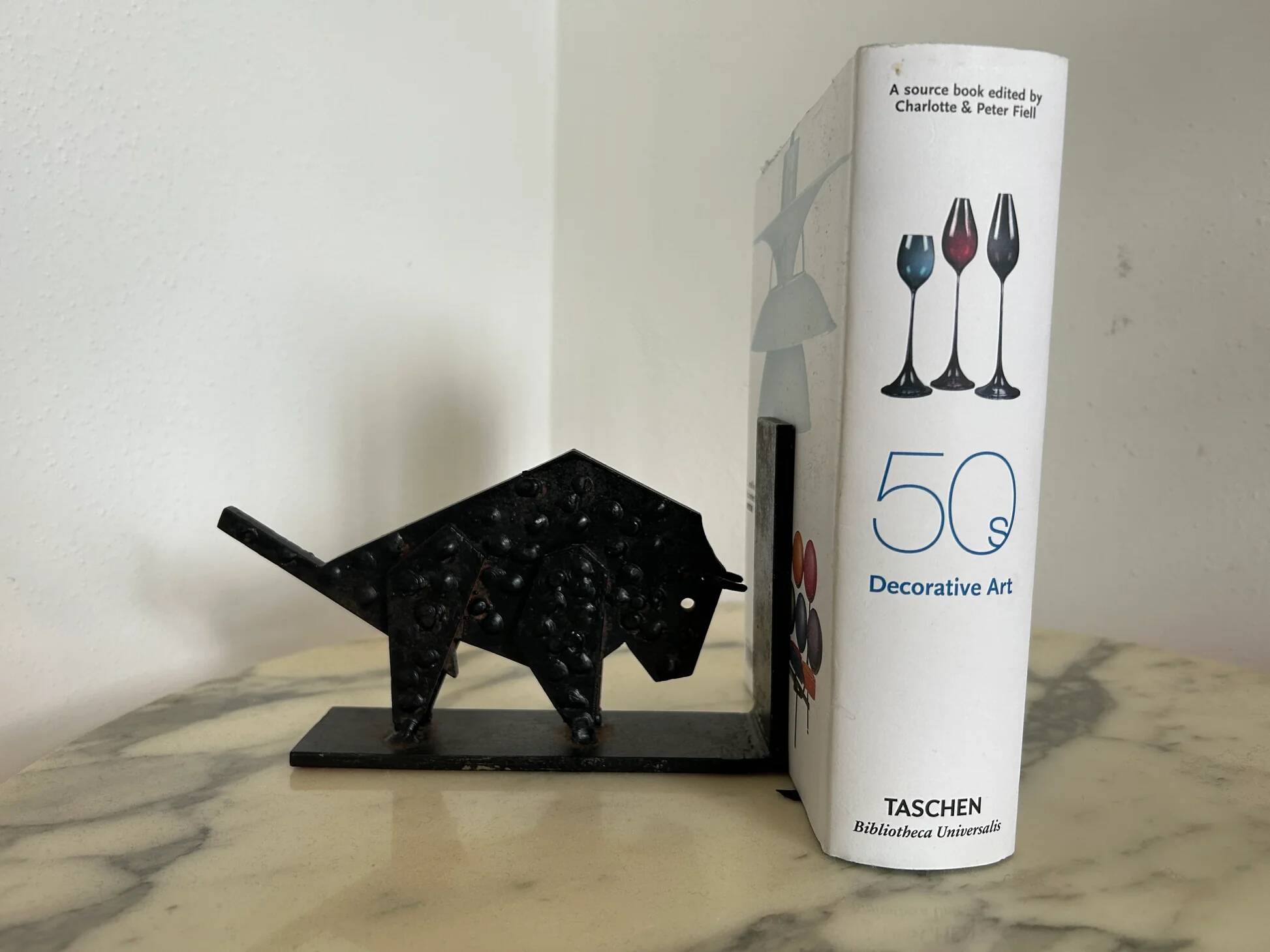 Pair of brutalist buffalo / bison bookends, black metal, mid-century