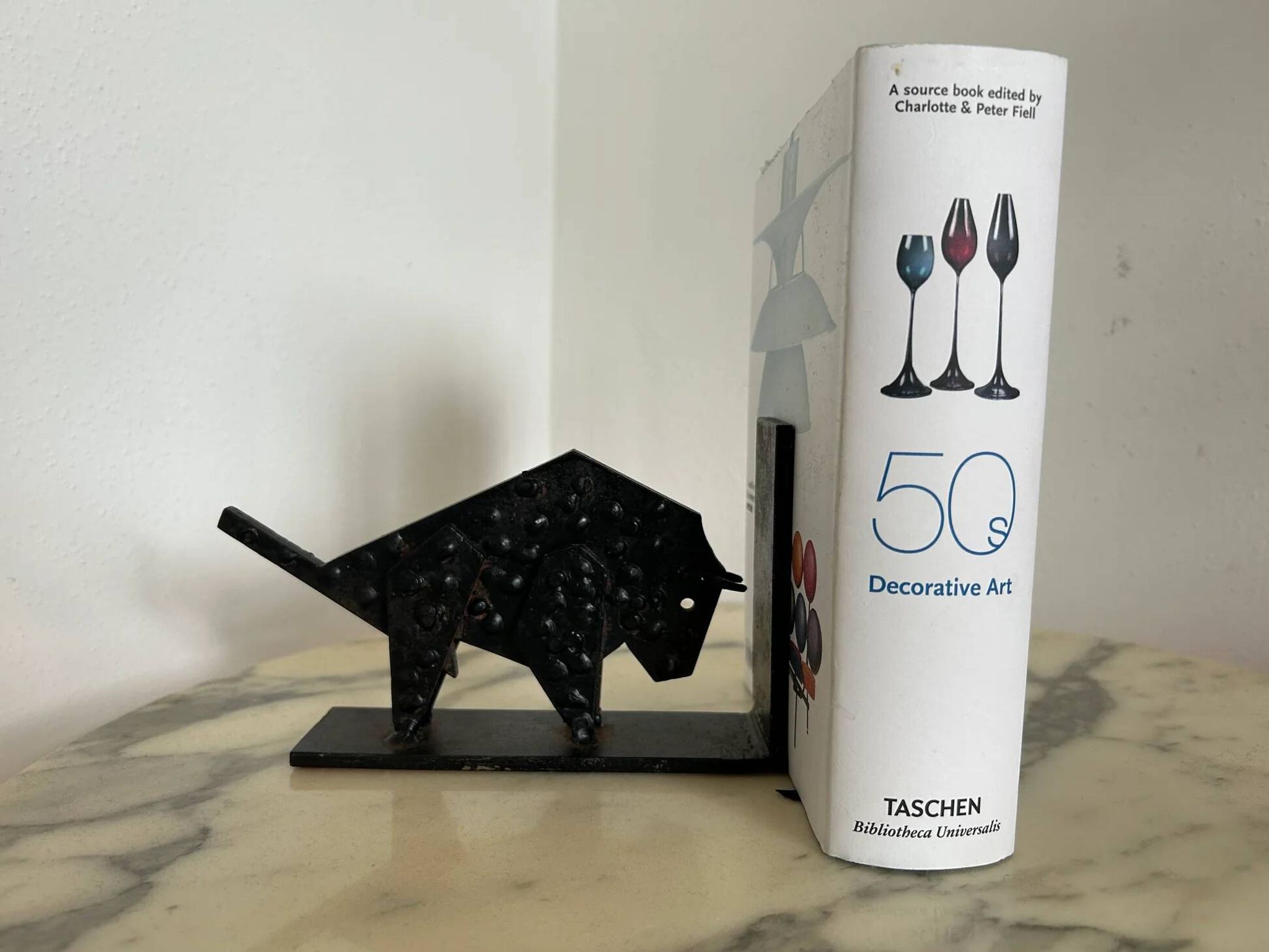 Pair of brutalist buffalo / bison bookends, black metal, mid-century