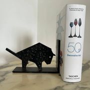 Pair of brutalist buffalo / bison bookends, black metal, mid-century