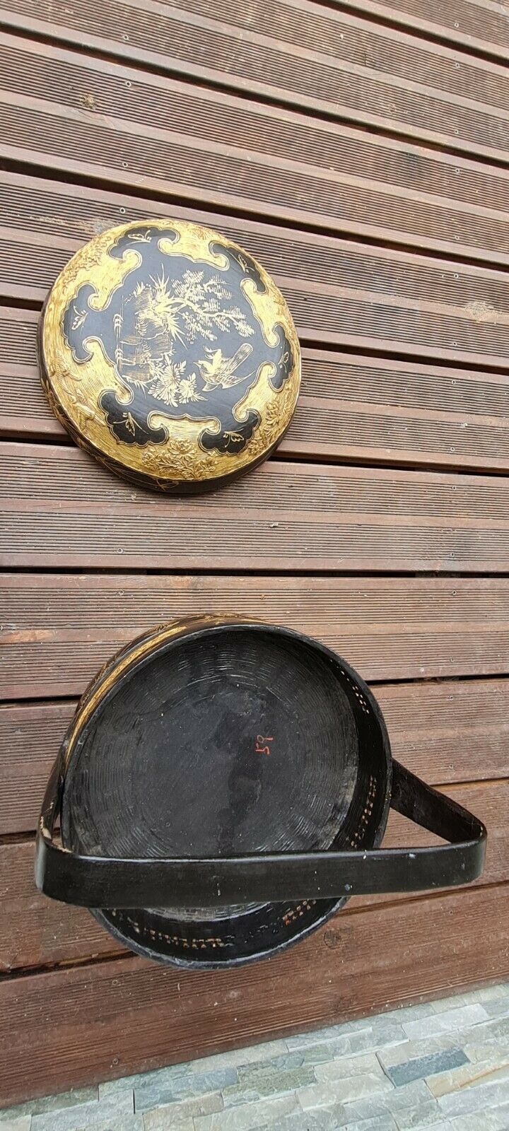 Panier de mariage chinois en bois et osier noir laqué et or