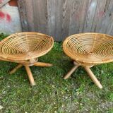 Pair of Spiral Stools in Wicker Rattan Made in France Vintage #B796