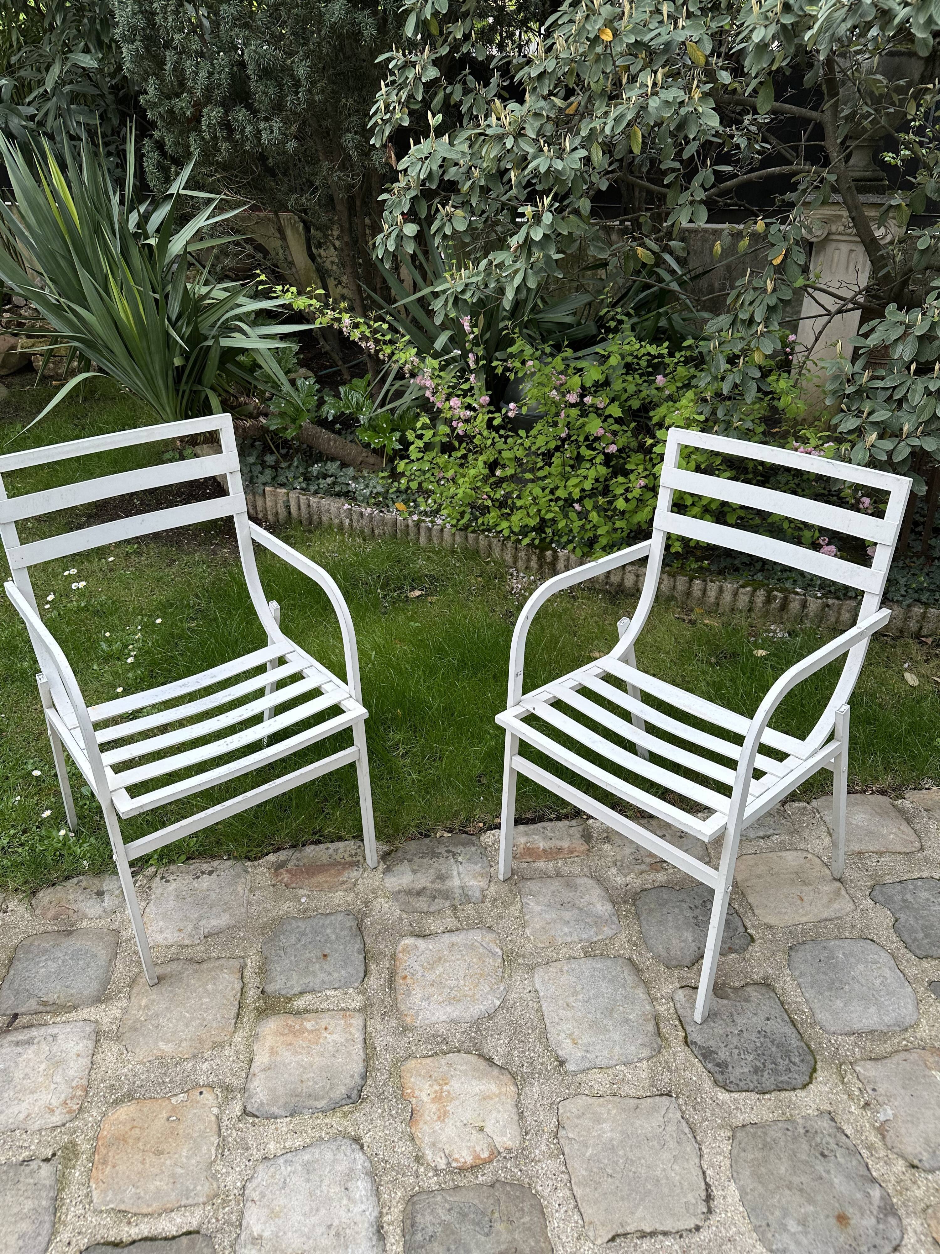 Pair of garden armchairs in white lacquered aluminum - HUGONET