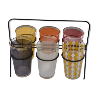 Service composé de 6 verres a orangeade dans un support en metal noir vintage 1950/60